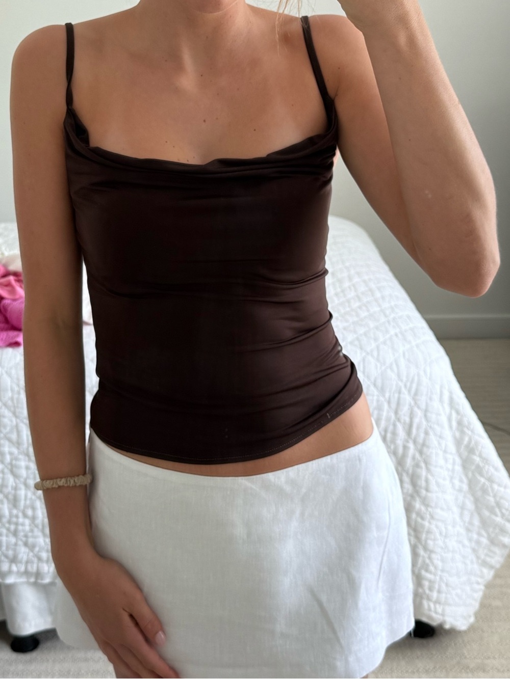 Lovers + Friends Brown Satin Cowl Neck Spaghetti Tank